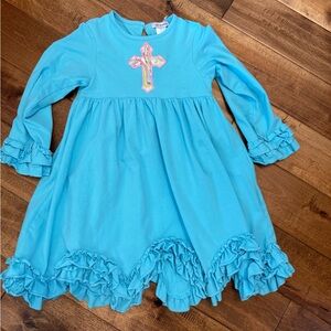 Blue Girls' Ruffle Hem Cross Applique Dress
